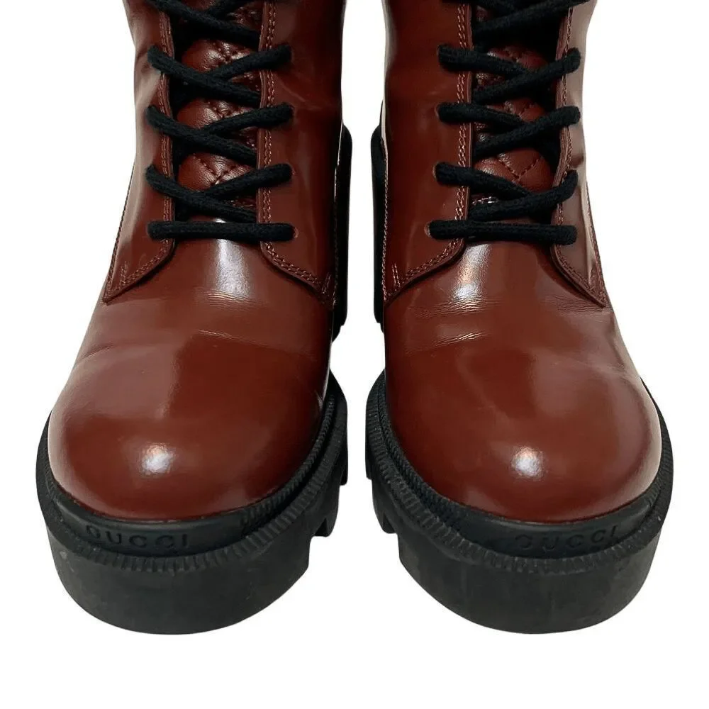 Gucci Magnum Garnet Red Patent Leather Lug Sole Lace Up Boots 37.5 Block Heel - Picture 4 of 12